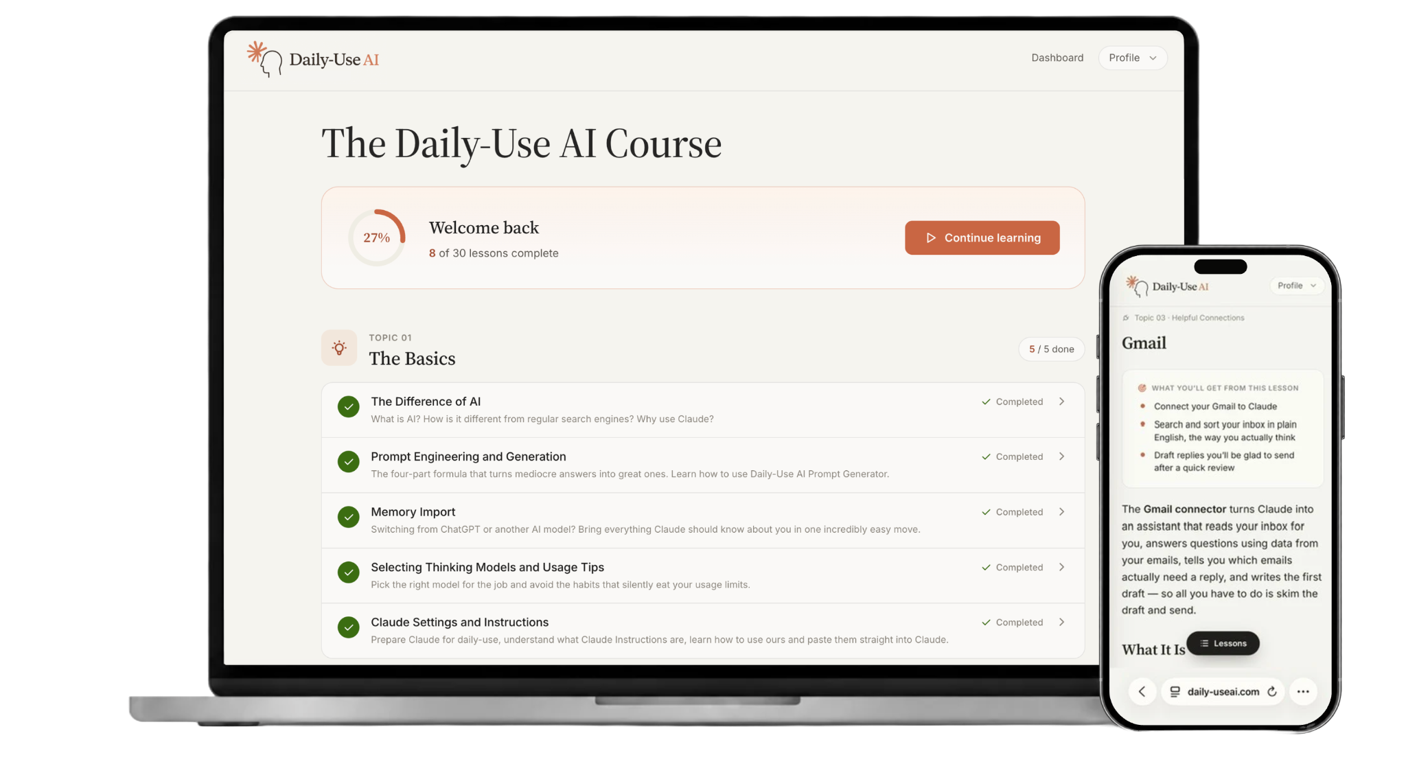 The Daily-Use AI course shown on a laptop and phone